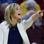Arizona State coach Charli Turner Thorne yells to her players during the first half of a first-round women's college basketball game against New Mexico State in the NCAA Tournament, Friday, March 18, 2016, in Tempe, Ariz. (AP Photo/Matt York)