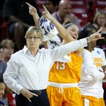 Tennessee head coach Holly Warlick and Tennessee forward Kortney Dunbar (13) signal change of possession after a turnover against Arizona State during the first half of a second-round women's college basketball game in the NCAA Tournament on Sunday, March 20, 2016, in Tempe, Ariz. (AP Photo/Matt York)