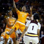 Tennessee guard Diamond DeShields (11) shoots over Arizona State guard Arnecia Hawkins (1) during the first half of a second-round NCAA women's college basketball game, Sunday, March 20, 2016, in Tempe, Ariz. (AP Photo/Matt York)