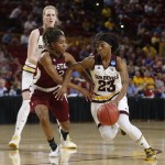 Arizona State's Elisha Davis (23) drives down the lane against New Mexico State's Zaire Williams (12) during a college basketball game in the NCAA women's tournament, Friday, March 18, 2016, in Tempe, Ariz. (Patrick Breen/The Arizona Republic via AP)