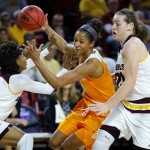 Tennessee guard Jaime Nared (31) loses the ball under pressure from Arizona State guard Peace Amukamara (11) and forward Sophie Brunner (21) during the first half of a second-round NCAA women's college basketball game, Sunday, March 20, 2016, in Tempe, Ariz. (AP Photo/Matt York)
