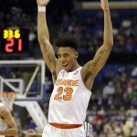 Syracuse's Malachi Richardson celebrates near the end of the second half of a second-round men's college basketball game against Middle Tennessee in the NCAA Tournament, Sunday, March 20, 2016, in St. Louis. (AP Photo/Jeff Roberson)