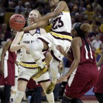 Arizona State guard Elisha Davis (23) drives past New Mexico State guard Shanice Davis (11) during the second half of a first-round women's college basketball game in the NCAA Tournament, Friday, March 18, 2016, in Tempe, Ariz. Arizona State won 74-52. (AP Photo/Matt York)