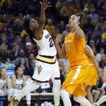 Arizona State guard Elisha Davis (23) shoots over Tennessee center Mercedes Russell (21) during the second half of a second-round NCAA women's college basketball game, Sunday, March 20, 2016, in Tempe, Ariz. Tennessee won 75-64. (AP Photo/Matt York)