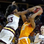 Arizona State guard Elisha Davis (23) blocks the shot of Tennessee forward Jaime Nared (31) during the first half of a second-round women's college basketball game in the NCAA Tournament on Sunday, March 20, 2016, in Tempe, Ariz. (AP Photo/Matt York)