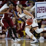 Arizona State forward Kelsey Moos (24) drives against New Mexico State guard Shanice Davis (11) during the first half of a first-round women's college basketball game in the NCAA Tournament, Friday, March 18, 2016, in Tempe, Ariz. (AP Photo/Matt York)