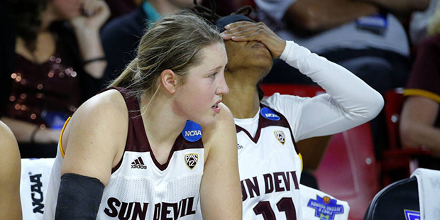 Arizona State guard Peace Amukamara (11) and forward Kelsey Moos watch the final seconds of a secon...