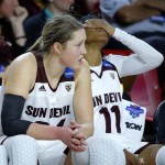 Arizona State guard Peace Amukamara (11) and forward Kelsey Moos watch the final seconds of a second-round NCAA women's college basketball game against Tennessee, Sunday, March 20, 2016, in Tempe, Ariz. Tennessee won 75-64. (AP Photo/Matt York)