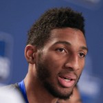 Kentucky's Marcus Lee speaks during a news conference ahead of a second-round men's college basketball game in the NCAA Tournament in Des Moines, Iowa, Friday, March 18, 2016. Kentucky plays Indiana on Saturday. (AP Photo/Nati Harnik)