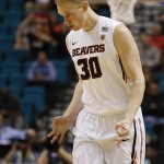 Oregon State forward Olaf Schaftenaar celebrates after scoring a 3-point shot against Arizona State during the first half of an NCAA college basketball game in the first round of the Pac-12 men's tournament Wednesday, March 9, 2016, in Las Vegas. (AP Photo/John Locher)