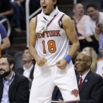 New York Knicks' Sasha Vujacic (18), of Slovenia, reacts to a play against the Phoenix Suns during the second half of an NBA basketball game, Wednesday, March 9, 2016, in Phoenix. (AP Photo/Matt York)