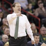 Oregon head coach Dana Altman instructs his team during the first half of a first-round men's college basketball game against Holy Cross in the NCAA Tournament in Spokane, Wash., Friday, March 18, 2016. (AP Photo/Young Kwak)
