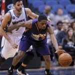 Phoenix Suns guard Brandon Knight (3) gains control of the ball in front of Minnesota Timberwolves guard Ricky Rubio (9), of Spain, during the second half of an NBA basketball game in Minneapolis, Monday, March 28, 2016. The Timberwolves won 121-116. (AP Photo/Ann Heisenfelt)