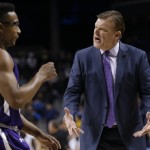 Stephen F. Austin head coach Brad Underwood, right, reacts during a time out during the first half of a first-round men's college basketball game against West Virginia in the NCAA Tournament ,Friday, March 18, 2016, in New York. (AP Photo/Frank Franklin II)