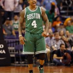 Boston Celtics guard Isaiah Thomas reacts after scoring in the fourth quarter during an NBA basketball game against the Phoenix Suns, Saturday, March 26, 2016, in Phoenix. The Celtics defeated the Suns 102-99. (AP Photo/Rick Scuteri)