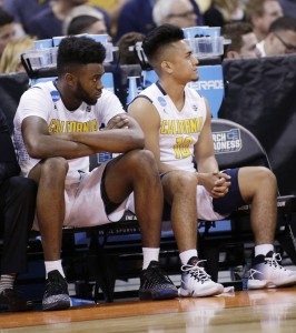 California forward Jaylen Brown, left, and guard Brandon Chauca (10) watch in the final minutes during the second half of a first-round men's college basketball game against Hawaii in the NCAA Tournament in Spokane, Wash., Friday, March 18, 2016. (AP Photo/Young Kwak)