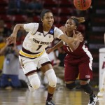 Arizona State's Arnecia Hawkins grabs a steal from New Mexico State's Shanice Davis (11) during a college basketball game in the NCAA women's tournament, Friday, March 18, 2016, in Tempe, Ariz. (Patrick Breen/The Arizona Republic via AP)