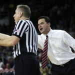 Arizona coach Sean Miller argues with an official during the second half against Wichita State during the first round of the NCAA college men's basketball tournament in Providence, R.I., Thursday, March 17, 2016. Wichita State defeated Arizona 65-55. (AP Photo/Charles Krupa)