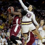 New Mexico State guard Moriah Mack drives past Arizona State forward Kianna Ibis (42) during the first half of a first-round women's college basketball game in the NCAA Tournament, Friday, March 18, 2016, in Tempe, Ariz. (AP Photo/Matt York)