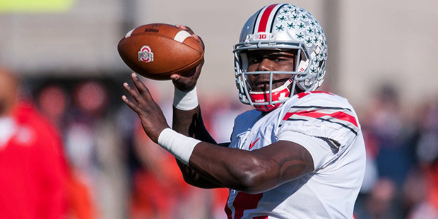 Ohio State quarterback Cardale Jones (12) warms up before an NCAA football game against Illinois Sa...