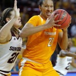 Tennessee center Mercedes Russell (21) backs down Arizona State forward Sophie Brunner (21) during the first half of a second-round women's college basketball game in the NCAA Tournament on Sunday, March 20, 2016, in Tempe, Ariz. (AP Photo/Matt York)