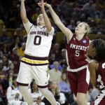 Arizona State guard Katie Hempen (0) shots over New Mexico State forward Bradley Nash (5) during the second half of a first-round women's college basketball game in the NCAA Tournament, Friday, March 18, 2016, in Tempe, Ariz. Arizona State won 74-52. (AP Photo/Matt York)