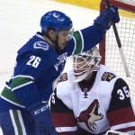 Vancouver Canucks right wing Emerson Etem (26) celebrates teammate Luca Sbisa's goal past Arizona Coyotes goalie Louis Domingue (35) during the second period of an NHL hockey game Wednesday, March 9, 2016, in Vancouver, British Columbia. (Jonathan Hayward/The Canadian Press via AP)