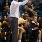 Arizona State coach Bobby Hurley motions to his players during the first half of the team's NCAA college basketball game against Oregon State in the first round of the Pac-12 men's tournament Wednesday, March 9, 2016, in Las Vegas. (AP Photo/John Locher)