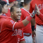 
              Los Angeles Angels catcher Carlos Perez celebrates after a home run against the Arizona Diamondbacks during sixth inning of a spring baseball game in Scottsdale, Ariz., Tuesday, March 8, 2016. (AP Photo/Chris Carlson)
            