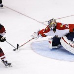 Florida Panthers' Al Montoya (35) blocks the penalty shot by Arizona Coyotes' Anthony Duclair (10) during the third period of an NHL hockey game Saturday, March 5, 2016, in Glendale, Ariz. The Coyotes defeated the Panthers 5-1. (AP Photo/Ross D. Franklin)
