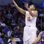 Texas guard Eric Davis Jr. (10) shoots in front of Northern Iowa guard Wyatt Lohaus (33) in the first half of a first-round men's college basketball game in the NCAA Tournament, Friday, March 18, 2016, in Oklahoma City. (AP Photo/Alonzo Adams)