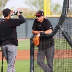 Infielders Nick Ahmed (left) and Jake Lamb talk before taking batting practice Friday morning. (Photo by Jessica Watts/Cronkite News)