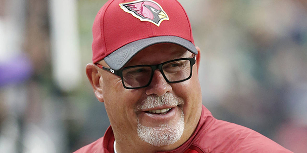 FILE - In this Jan. 3, 2016, file photo, Arizona Cardinals head coach Bruce Arians smiles during an...