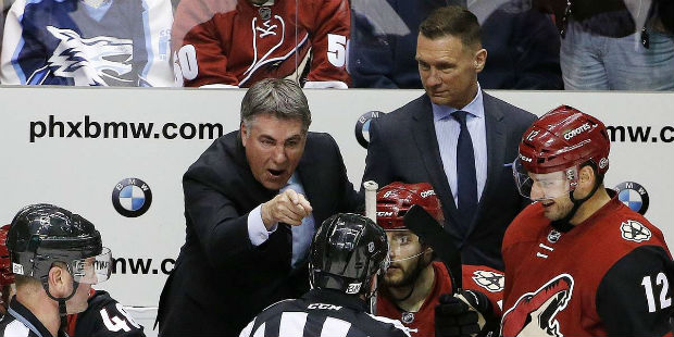 Arizona Coyotes coach Dave Tippett points and yells at referee Ian Walsh (29) as Coyotes' Brad Rich...