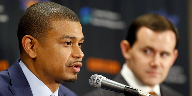 Newly appointed Phoenix Suns head coach Earl Watson speaks after being promoted from interim head c...