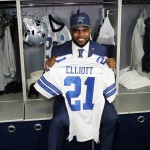 Dallas Cowboys NFL football first-round draft pick Ezekiel Elliott, poses with his jersey in front of his locker at the team's training facility, Friday, April 29, 2016, in Irving, Texas. (AP Photo/Tony Gutierrez)