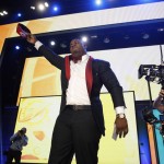Mississippi State's Chris Jones celebrates after being selected by the Kansas City Chiefs as the 37th pick in the second round of the 2016 NFL football draft, Friday, April 29, 2016, in Chicago. (AP Photo/Charles Rex Arbogast)