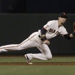 San Francisco Giants third baseman Matt Duffy catches a liner for the out on Arizona Diamondbacks' Chris Owings during the sixth inning of a baseball game in San Francisco, Wednesday, April 20, 2016. (AP Photo/Jeff Chiu)