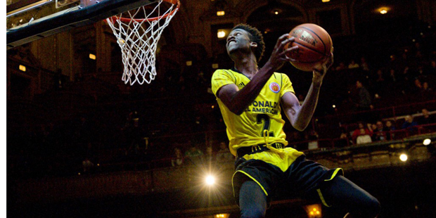 Kobi Simmons, from Alpharetta, Ga, competes in the slam dunk contest during the McDonald's All-Amer...