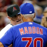 Chicago Cubs manager Joe Maddon (70) talks with Arizona Diamondbacks manager Chip Hale (3) prior to a baseball game, Friday, April 8, 2016, in Phoenix. (AP Photo/Matt York)