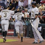 Pittsburgh Pirates' Sean Rodriguez (3) celebrates his two-run home run against the Arizona Diamondbacks with Gregory Polanco (25) as Josh Harrison (5) runs back to the dugout after scoring on the home run during the second inning of a baseball game Friday, April 22, 2016, in Phoenix. (AP Photo/Ross D. Franklin)