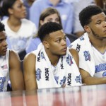 North Carolina players watch play from the bench against Villanova during the second half of the NCAA Final Four tournament college basketball championship game Monday, April 4, 2016, in Houston. (AP Photo/David J. Phillip)