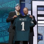 North Dakota State's Carson Wentz poses with NFL commissioner Roger Goodell after being selected by Philadelphia Eagles as second pick in the first round of the 2016 NFL football draft, Thursday, April 28, 2016, in Chicago. (AP Photo/Charles Rex Arbogast)