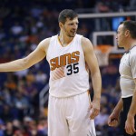 Phoenix Suns forward Mirza Teletovic (35), of Bosnia & Herzegovina, talks with the referee during the first half of an NBA basketball game against the Utah Jazz, Sunday, April 3, 2016, in Phoenix. (AP Photo/Matt York)