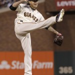 San Francisco Giants' Jake Peavy follows through on a pitch against the Arizona Diamondbacks during the second inning of a baseball game in San Francisco, Monday, April 18, 2016. (AP Photo/Jeff Chiu)
