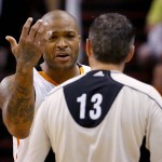 Phoenix Suns forward P.J. Tucker (17) argues a call with referee Monty McCutchen (13) during the second half of an NBA basketball game against the Utah Jazz , Sunday, April 3, 2016, in Phoenix. (AP Photo/Matt York)
