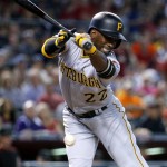 Pittsburgh Pirates' Andrew McCutchen (22) is hit by a pitch during the first inning of a baseball game against the Arizona Diamondbacks, Saturday, April 23, 2016, in Phoenix. (AP Photo/Matt York)