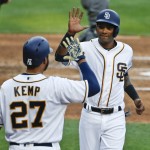 San Diego Padres' Alexei Ramirez high fives with teammate Matt Kemp after scoring on a bases loaded walk in the second inning of a baseball game against the Arizona Diamondbacks Saturday, April 16, 2016, in San Diego. (AP Photo/Lenny Ignelzi)