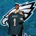 North Dakota State's Carson Wentz poses for photos after being selected by the Philadelphia Eagles as second pick in the first round of the 2016 NFL football draft, Thursday, April 28, 2016, in Chicago. (AP Photo/Charles Rex Arbogast)
