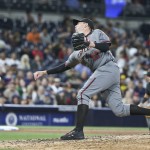 Arizona Diamondbacks closer Brad Ziegler fires one of his submarine pitches while saving the Diamondbacks' 3-2 victory over the San Diego Padres in the ninth inning of a baseball game Friday, April 15, 2016, in San Diego. (AP Photo/Lenny Ignelzi)